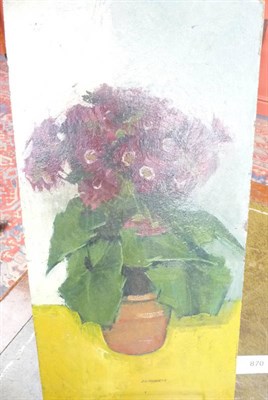 Lot 870 - David George Fawcett ATD, FRSA (1935-1973) Still life of primulas in a clay pot Signed, oil on...