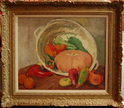 Lot 871 - Philip Naviasky (1894-1983) Still life of red and green peppers, oranges and a pumpkin beside a...