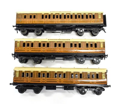 Lot 3334 - Bassett-Lowke O Gauge LNER Coaches two 1st 36232 and brake/3rd 62362 (all G-E) (3)