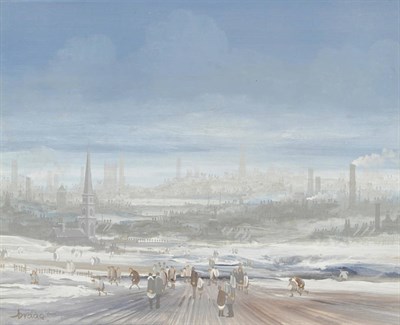 Lot 875 - Brian Shields, "Braaq" FBA (1951-1997) Northern industrial town in winter with figures on open...