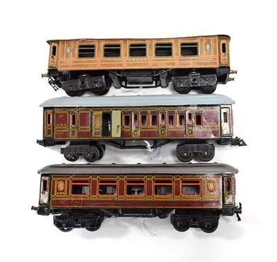 Lot 3353 - Bing O Gauge LMS Dining Car with hinged roof (G-E, roof repainted) and L&NER 2568 Coach with hinged