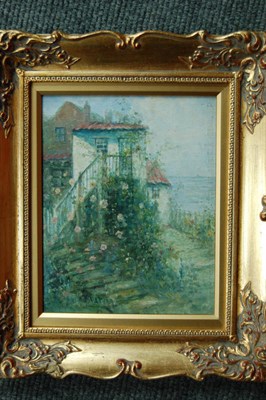 Lot 877 - James Watson (1851-1936) Staithes cottage, possibly Lady Palmer's Signed, oil on board, 25cm by...