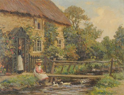 Lot 878 - Ernest Higgins Rigg (1868-1947) Girl seated beside a stream feeding ducks Signed, oil on board,...