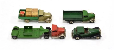 Lot 3381 - Minic Four Vehicles Vauxhall town sedan, pre-war Tipper truck with petrol can, post-war Tipper...