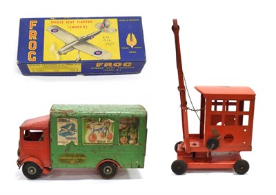 Lot 3384 - Triang Pressed Steel Delivery Lorry with paper adverts to back (F) Crane (G) and a FROG Single seat