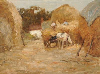 Lot 880 - Mark Senior NPS (1864-1927) "Harvesting" Signed and dated 1905, inscribed verso, oil on board, 28cm