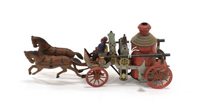 Lot 3404 - OROBR Horse Drawn Fire Engine with two horses and driver figure 12'', 30cm