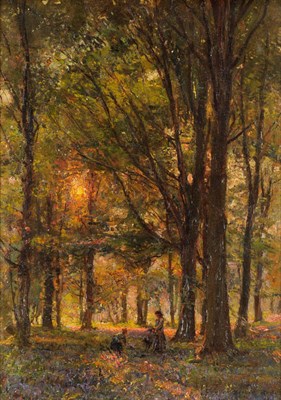 Lot 881 - Herbert Royle (1870-1958) Woodland scene with figures picking bluebells in a sunlit glade...