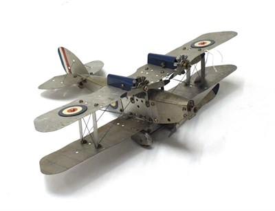 Lot 3411 - Meccano Constructor Aeroplane silver biplane with RAF roundels, twin wing mounted radial engines 14