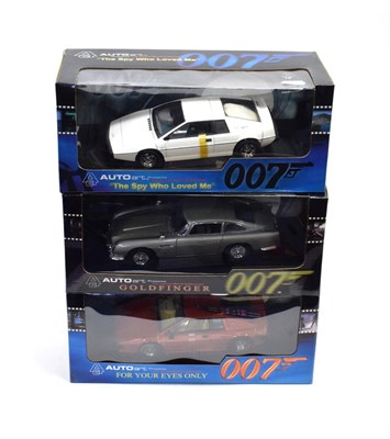 Lot 3430 - Auto Art James Bond 1:18 Scale Diecast Models Goldfinger Aston Martin DB5, For Your Eyes Only Lotus