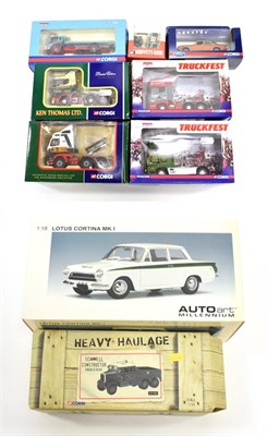 Lot 3431 - Auto Art Millennium 1:18 Lotus Cortina Mk1 Corgi Heavy Haulage Scammell Constructor, eight...