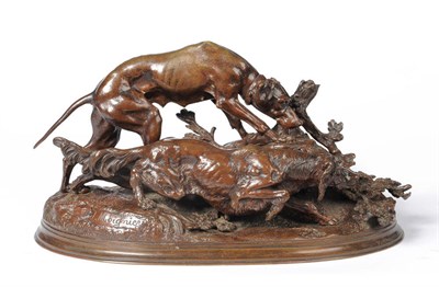 Lot 887 - Jules Moigniez (1835-1894): De Chiens Levant Un Lapin, a bronze group of two dogs hunting for a...