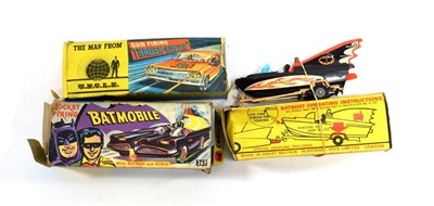 Lot 3481 - Corgi TV Related Diecast 107 Batboat and trailer (G-E box G, a little crushed) 267 Batmobile (G box