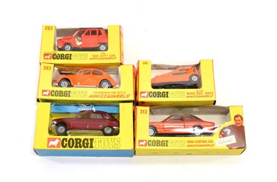 Lot 3486 - Corgi Window Box Models 313 Graham Hill Ford Cortina, 260, 383 Volkswagen Beetle, 389 Bond Bug, 283