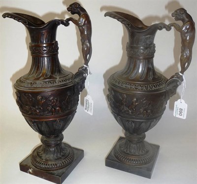 Lot 890 - A Pair of Renaissance Style Bronze Ewers, 19th century, of urn shape with gadrooned lip,...