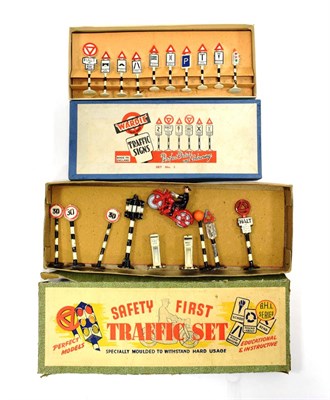 Lot 3488 - BHL (British Home Life) Safety First Traffic Set with motorcycle and rider, three 30 mph signs,...