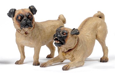 Lot 893 - Two Pug Dogs, unmarked, one standing with quizzical expression, the other with playful stoop, 8.3cm