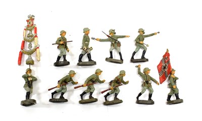 Lot 3523 - Elastolin German Soldiers Marching with large Nazi standard, Throwing grenade, Gas gong (lacks...