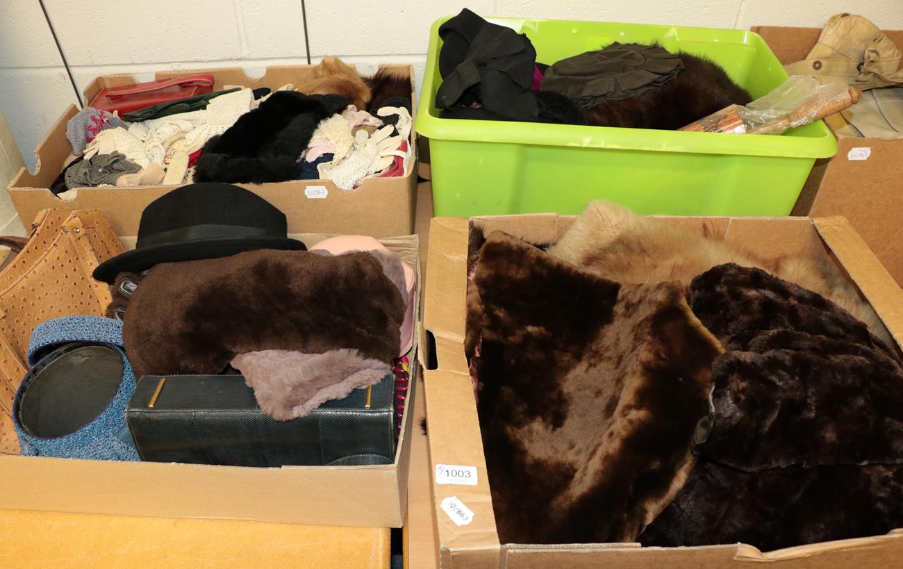 Lot 1003 - Circa 1940s and later fur stoles, modern hat boxes and covers, handbags, hats and gloves etc...