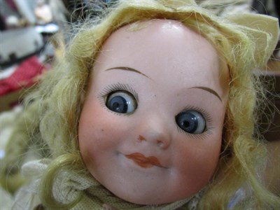 Lot 1018 - Armand Marseille 323 googley eyed bisque head doll, with sleeping blue eyes, closed mouth,...