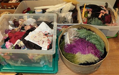 Lot 1033 - Quantity of assorted millinery items, including ostrich and other feathers, braid/trim,...