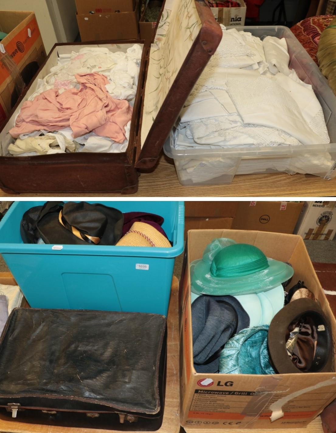 Lot 1035 - Assorted costume including hats, gloves, bags, white linen, dolls and childrens costume etc...