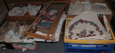Lot 1037 - Assorted white linen, embroidered textiles, glass chimneys, tapestry and embroidery frames,...