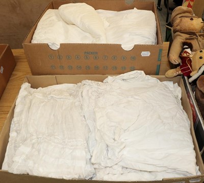 Lot 1053 - Two boxes of assorted white cotton ladies under garments, night dresses and petticoats with...
