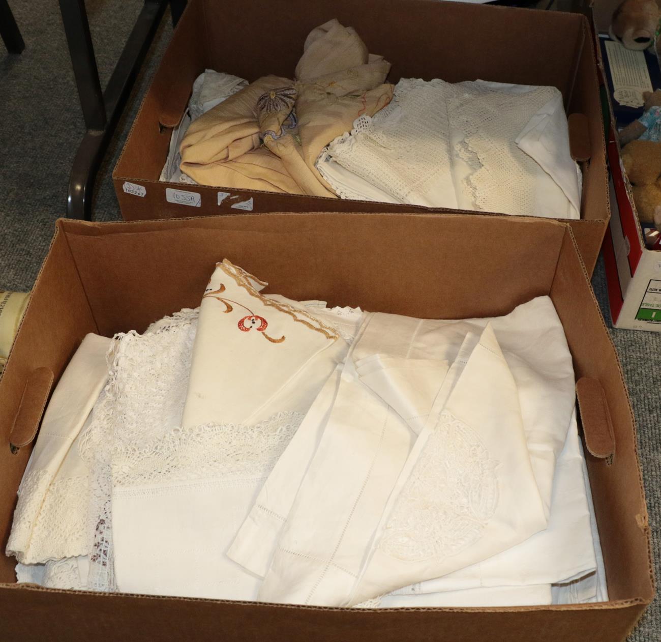 Lot 1055 - Assorted white damask table cloths, napkins, some with crochet edging; crochet mats, 1930s...