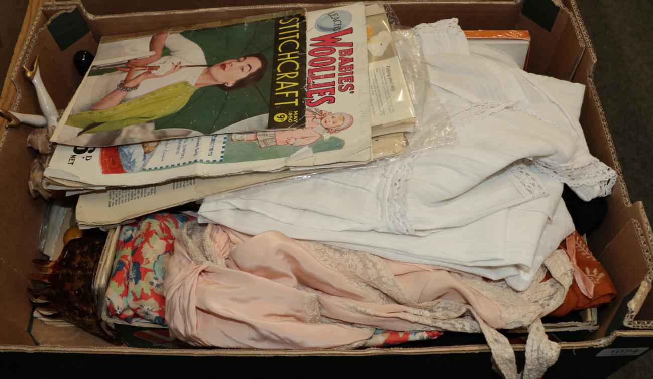 Lot 1074 - Assorted costume and accessories including pink and lace silk nightdress, white cotton...