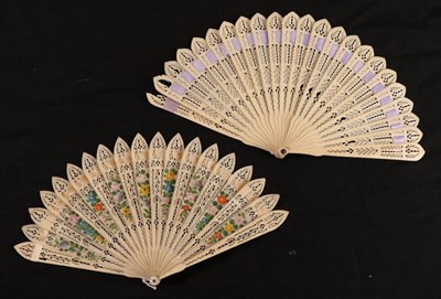 Lot 1083 - Two early 19th century brisé fans with barrel rivets, both with pointed sticks. The first is...