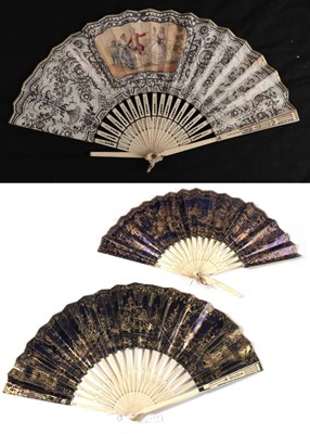 Lot 1088 - Two mid-19th century bone fans, lithographed, both lightly carved and gilded, comprising a...