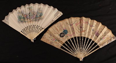Lot 1089 - Two French fans, comprising a mid-18th century ivory fan with slender sticks, lightly carved...