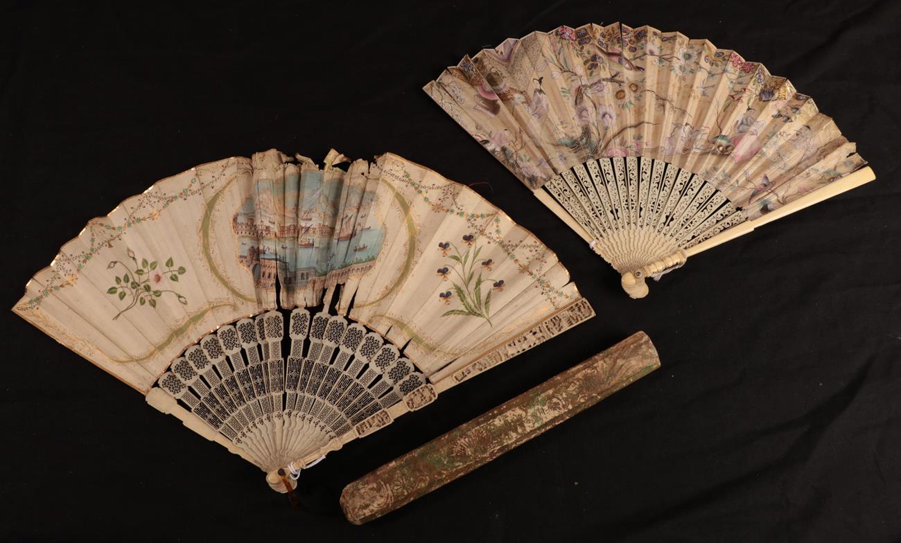 Lot 1090 - An 18th century ivory fan, with slender plain guards and carved and pierced gorge sticks, worked in