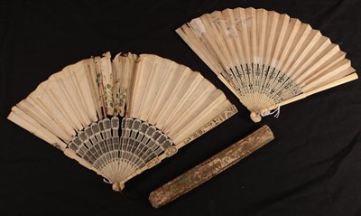 Lot 1090 - An 18th century ivory fan, with slender plain guards and carved and pierced gorge sticks, worked in