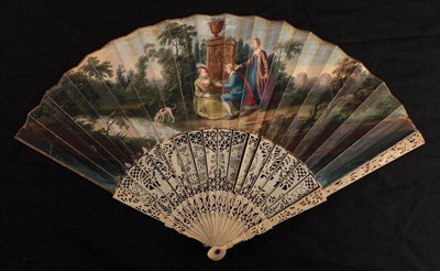 Lot 1104 - The Proposal: An 18th century carved ivory fan, the European paper leaf painted in good colour...
