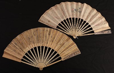 Lot 1105 - Two mid-18th century folding fans, both French and mounted on ivory. The first, with carved,...