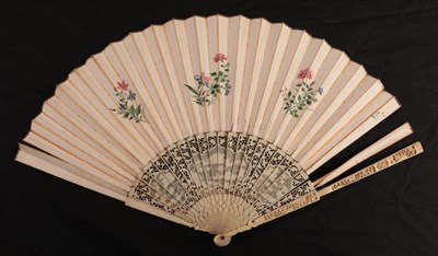 Lot 1109 - An 18th century ivory fan with carved Chinese Export monture, the double leaf delicately...