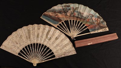 Lot 1110 - A quite unusual mid-18th century French ivory fan, the monture carved and gilded, the leaf of a...