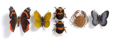 Lot 908 - Two Bumblebees, unmarked, with horn wings, 2.8cm; and Three Various Butterflies, 5.3cm and...