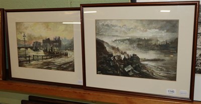Lot 1140 - John Moore, A pair of Northern townscapes, one signed and inscribed, oil on paper (2)