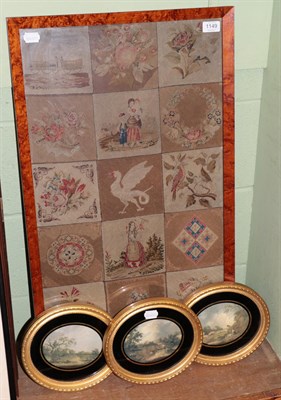 Lot 1149 - A 19th century bird's eye maple framed needlework panel comprising eighteen segments including...