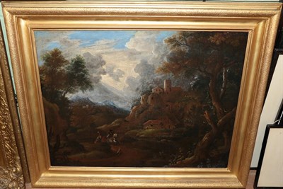Lot 1174 - Dutch School (18th century) Travellers and dog in a Tuscan landscape, oil on canvas, 49.5cm by 64cm