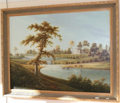Lot 1180 - A reproduction oil on canvas of a country house and parkland landscape