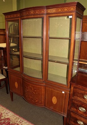 Lot 1237 - An Edwardian mahogany and marquetry inlaid bow fronted display cabinet, 128cm wide