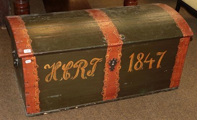 Lot 1300 - A mid 19th century Danish green painted wedding chest, hinged domed top, initialled and dated 1847