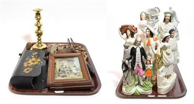 Lot 2 - A group of Victorian items including five Staffordshire figures, brass wares, kitchenalia,...