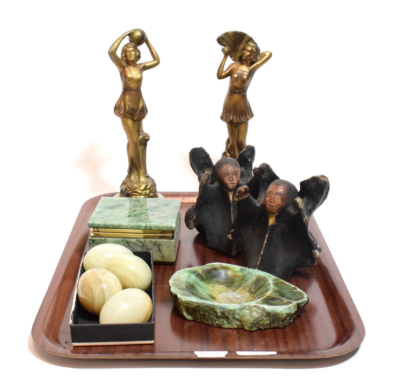 Lot 3 - A pair of decorative Art Deco figures, one of a lady holding a fan and the other a ball, on...