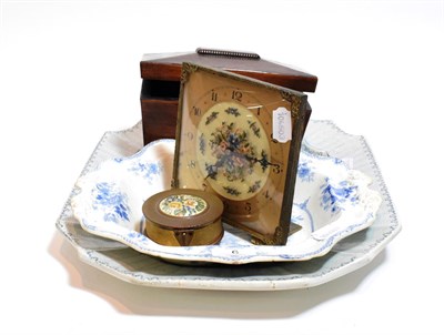 Lot 6 - A silver capstan inkwell; a late Georgian rosewood tea caddy; and two transfer printed dishes; etc
