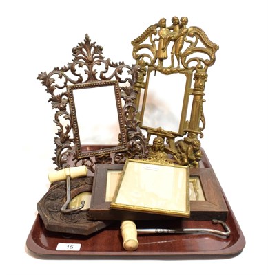 Lot 15 - Three Victorian gilt metal picture frames; two early 20th century ivory handled riding boot...